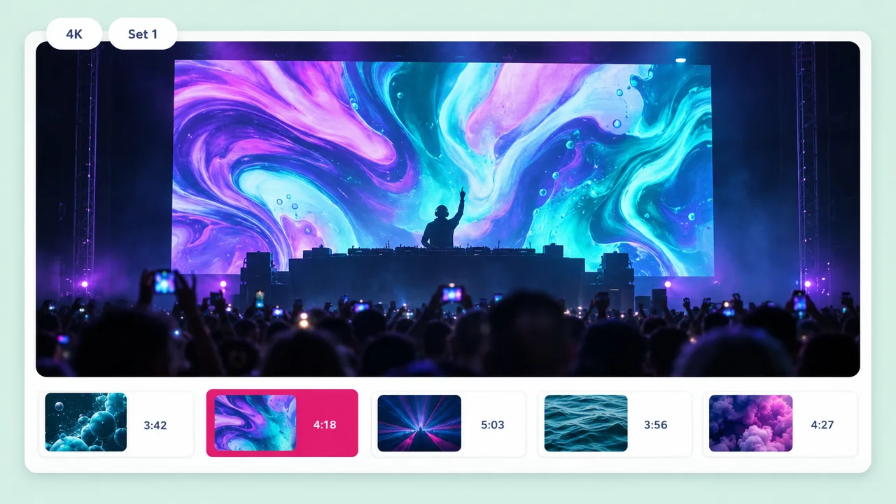 DJ performing in front of a huge LED screen of swirling violet and teal liquid visuals, with a set list of loop lengths below