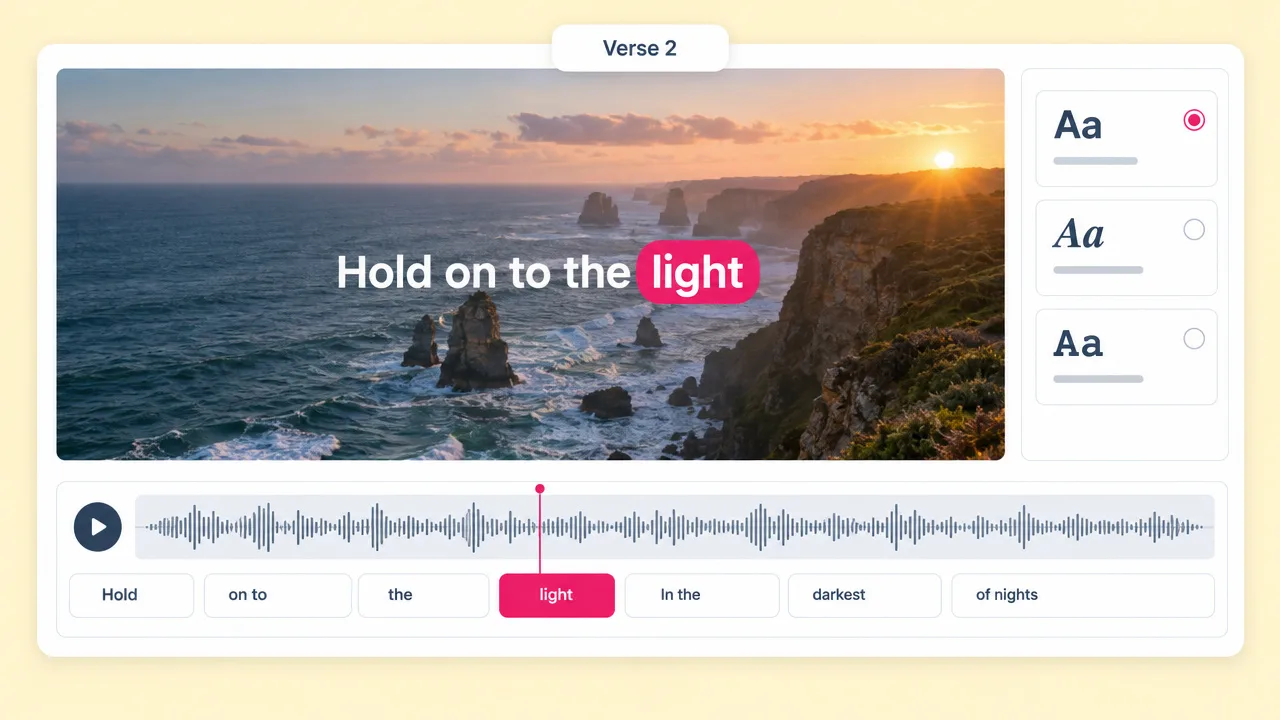 Lyric video editor with the line Hold on to the light over a sunrise sea cliff, the word light highlighted in time with the audio waveform