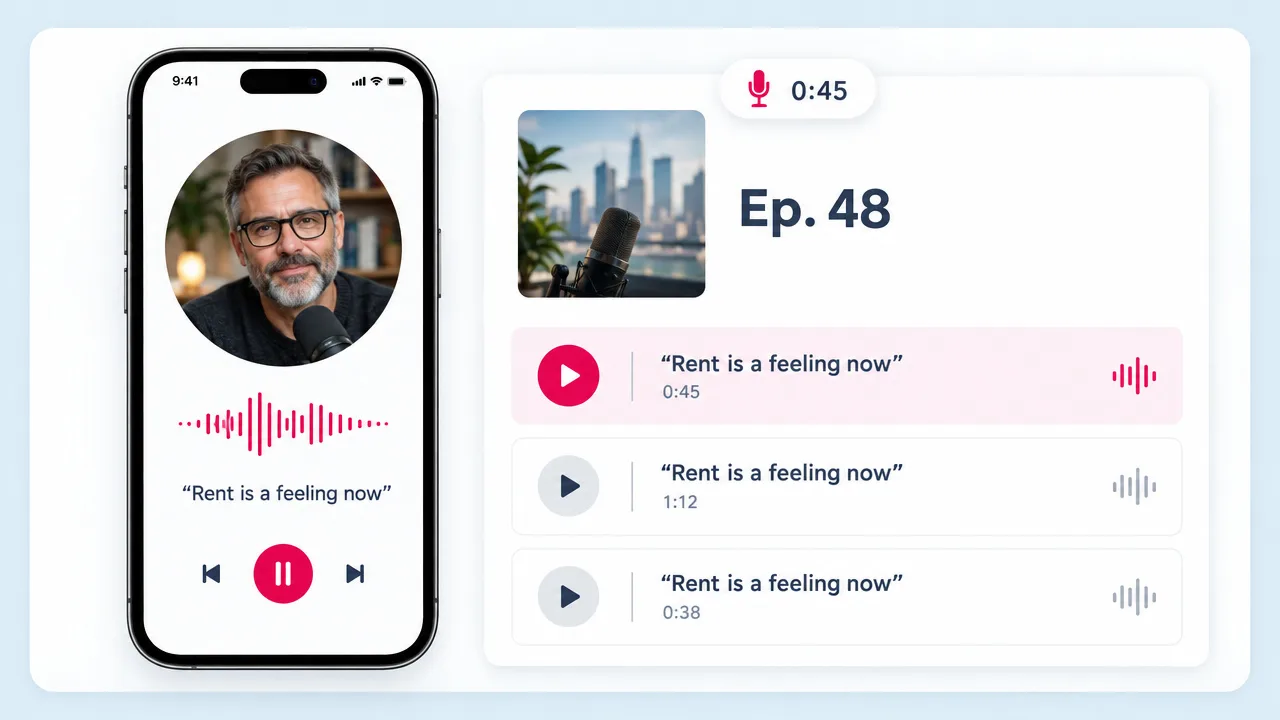 Podcast audiogram on a phone with the host's portrait, a pulsing waveform and the quote Rent is a feeling now, beside an Ep. 48 clip list