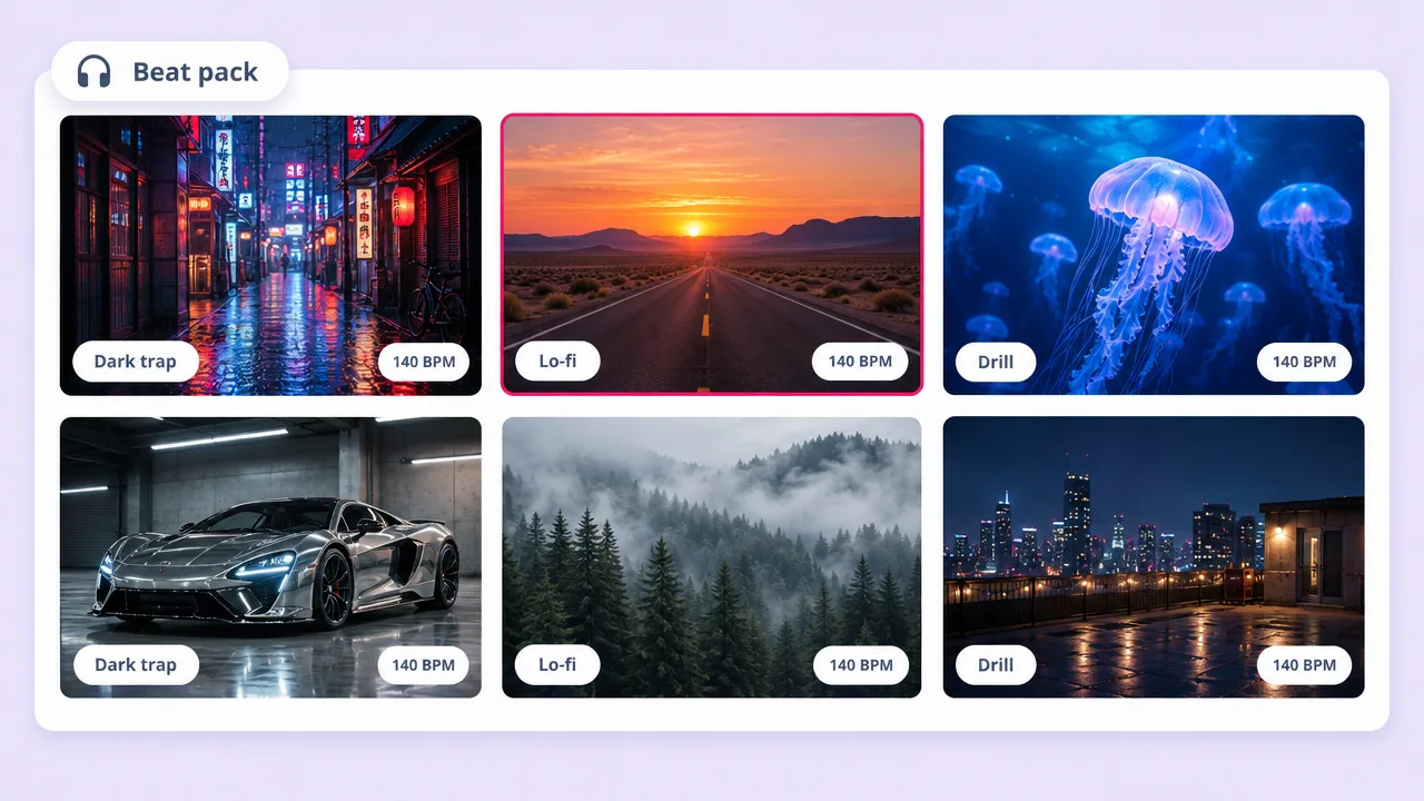 Beat pack of six 140 BPM type beat videos made with a music visualizer, from a rainy neon alley to jellyfish, a supercar and misty pines