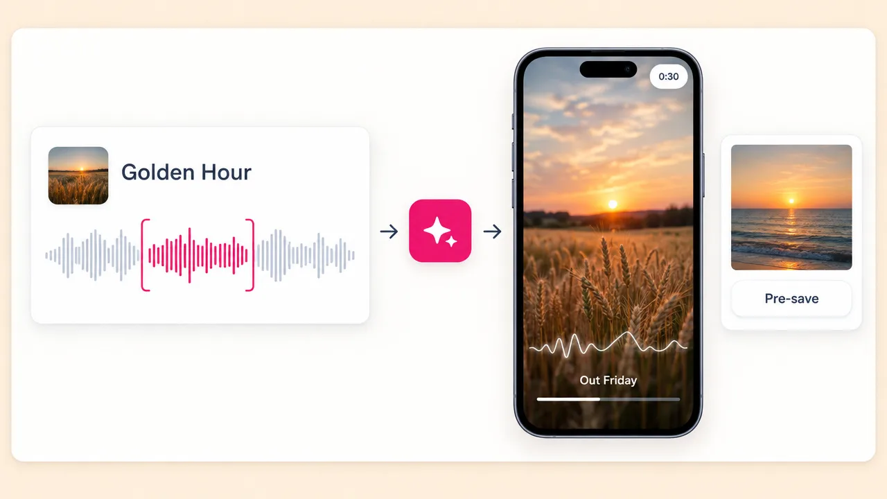 The chorus of the track Golden Hour turned into a 30-second vertical promo of a sunset wheat field with a waveform and Out Friday text
