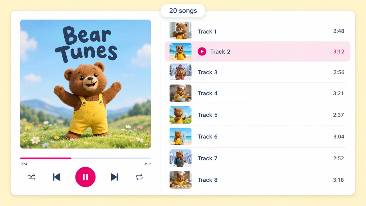 Bear Tunes album player with a cartoon bear in yellow overalls and a list of 20 songs, a full kids song album from one rhyme generator