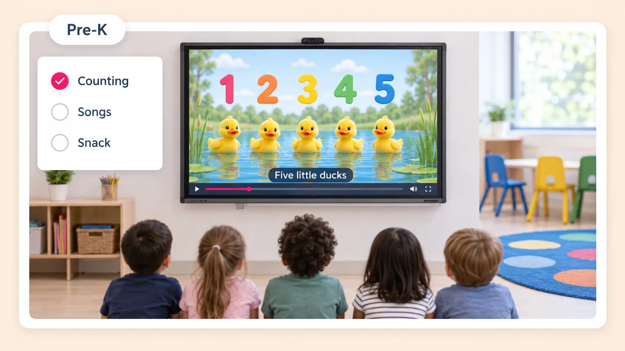 Preschool children watching a smartboard counting song with five cartoon ducks, numbers 1 to 5 and the lyric Five little ducks