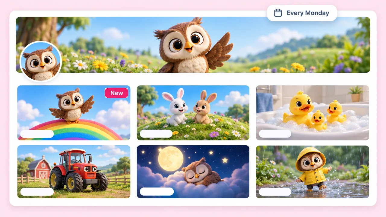 Kids channel page with a cartoon owl banner and six animated nursery rhyme episodes, including a rainbow, bunnies, rubber ducks and a tractor