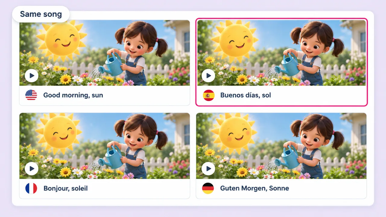 The same cartoon sun and watering-can girl sung in four languages, from Good morning, sun to Buenos días, sol, Bonjour, soleil and Guten Morgen