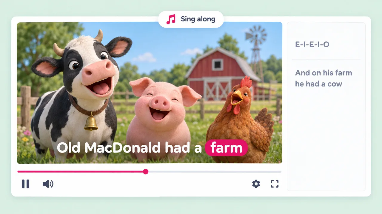 Sing-along video of Old MacDonald with a cartoon cow, pig and hen, the lyric highlighted word by word as the nursery rhyme plays
