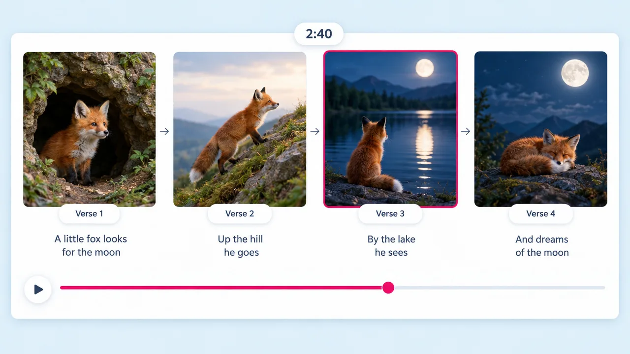 Four verses of a story song about a little fox looking for the moon, from its den and a hillside to a moonlit lake and falling asleep