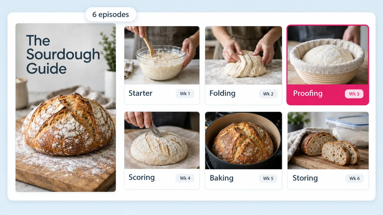 The Sourdough Guide ebook split into six weekly video episodes: Starter, Folding, Proofing, Scoring, Baking and Storing