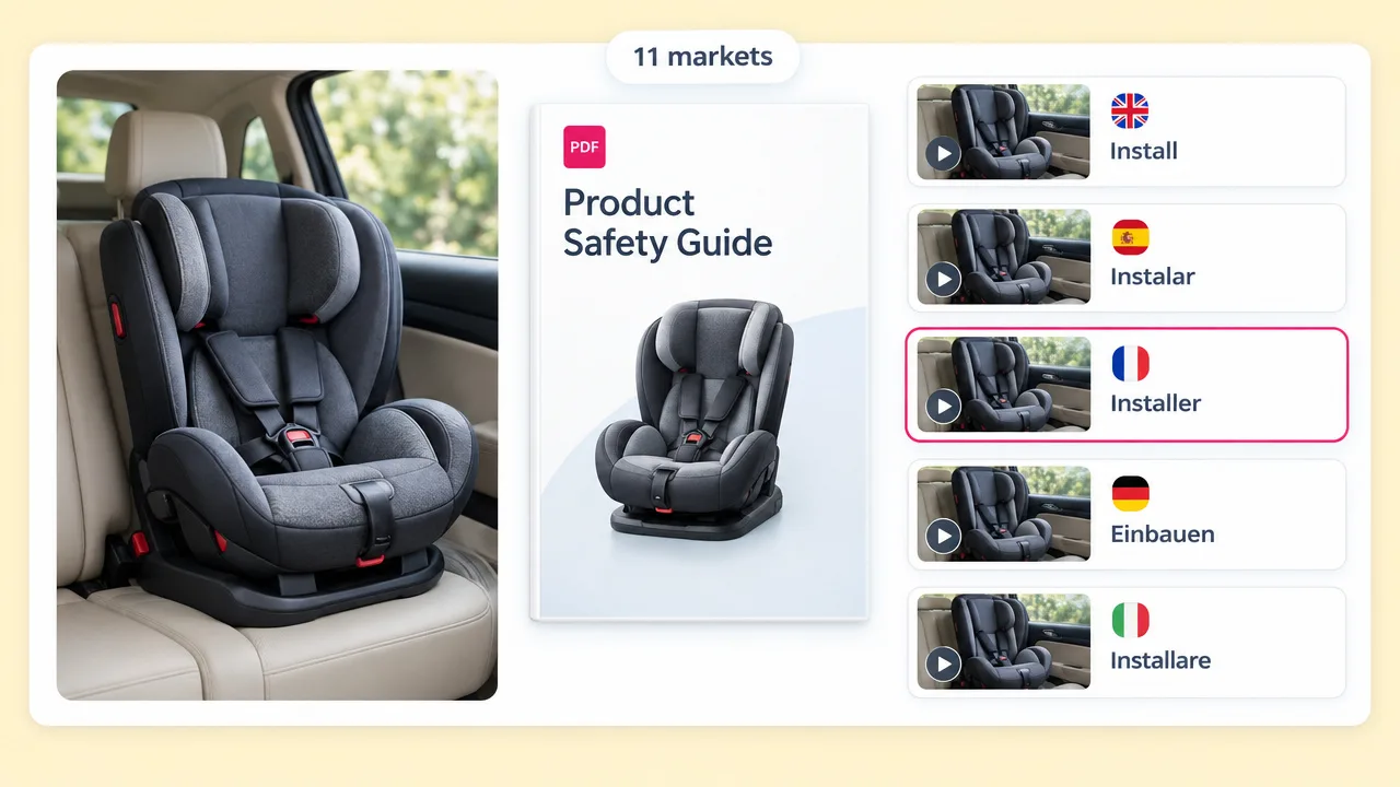 A PDF product safety guide for a child car seat turned into install videos in English, Spanish, French, German and Italian