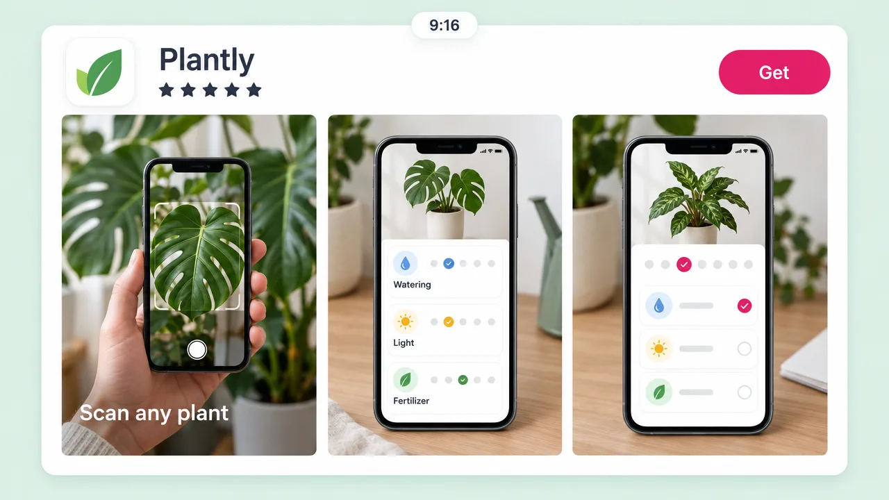 Plantly app store listing with a Get button and three vertical preview videos showing Scan any plant, watering and light tracking