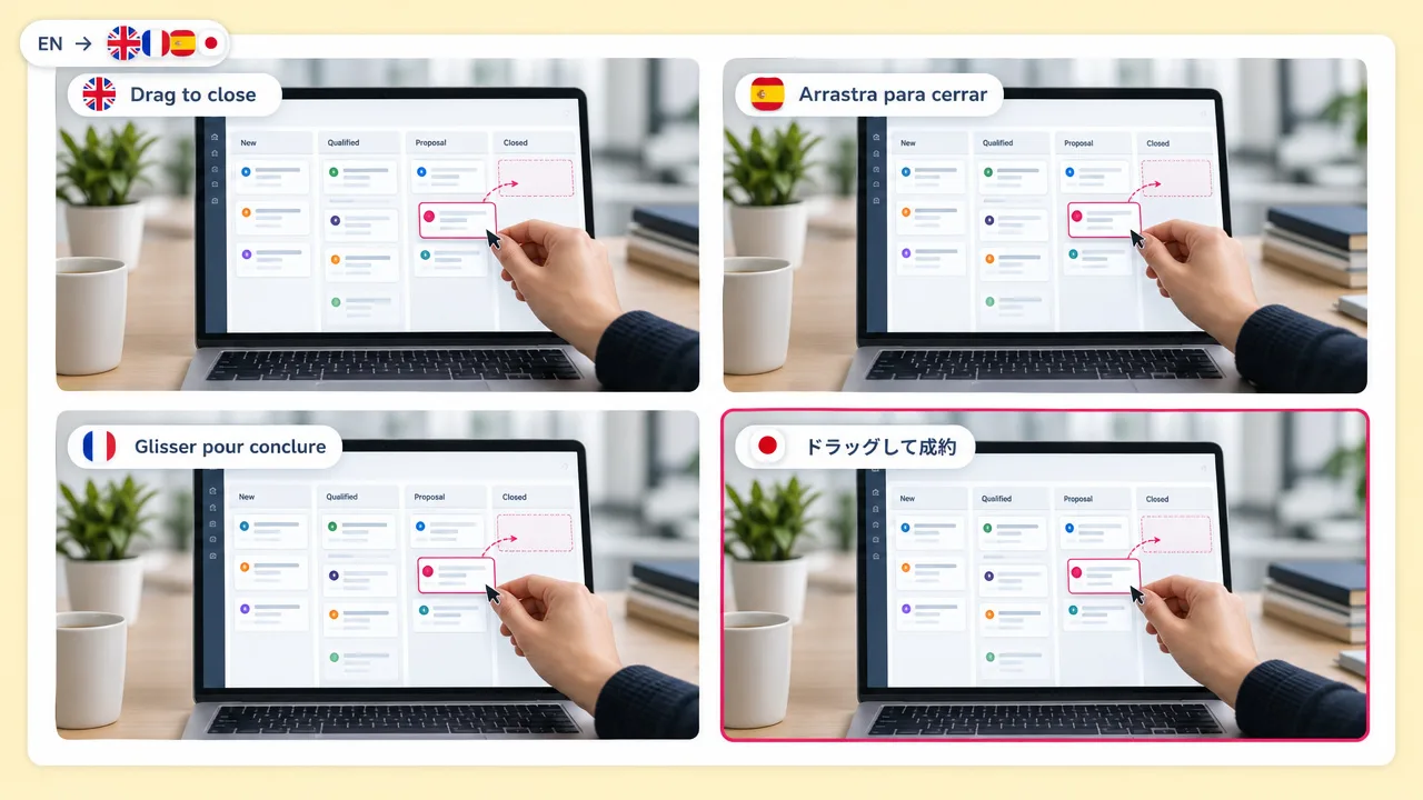 The same CRM demo video of a hand dragging a deal card, captioned in English, Spanish, French and Japanese for localised product demos