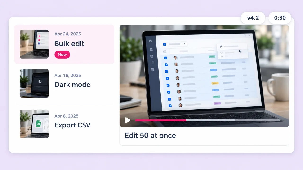 Changelog listing Bulk edit, Dark mode and Export CSV with a 30-second demo video of a table captioned Edit 50 at once