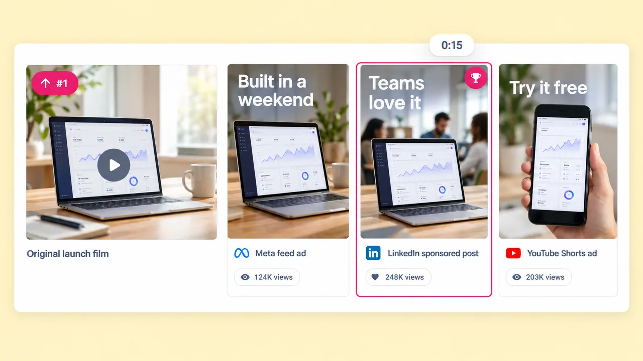 Original #1 launch film recut into a Meta feed ad, a LinkedIn sponsored post and a YouTube Shorts ad with lines like Built in a weekend