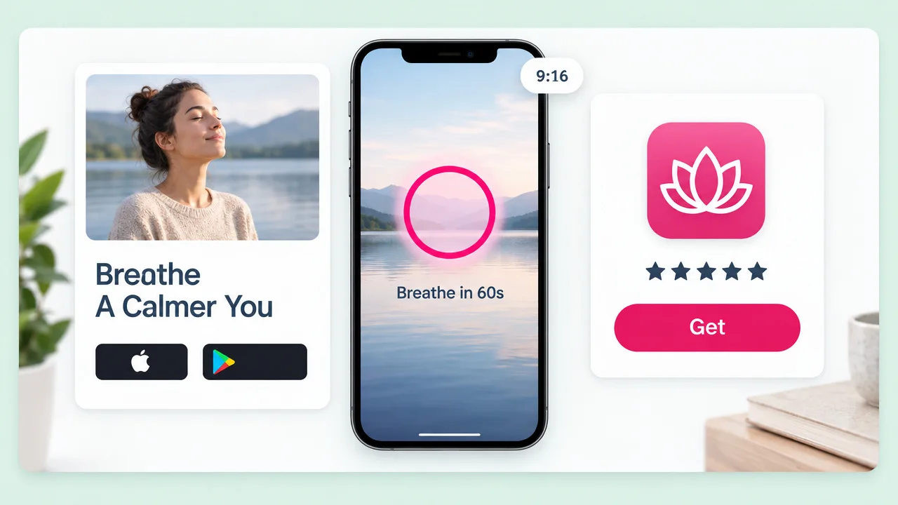 Meditation app launch with a vertical promo reading Breathe in 60s, a Breathe A Calmer You store tile and a lotus app icon with Get