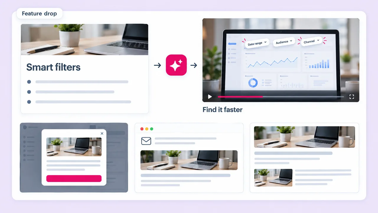 A Smart filters changelog entry turned into a Product Hunt launch video of an analytics dashboard captioned Find it faster