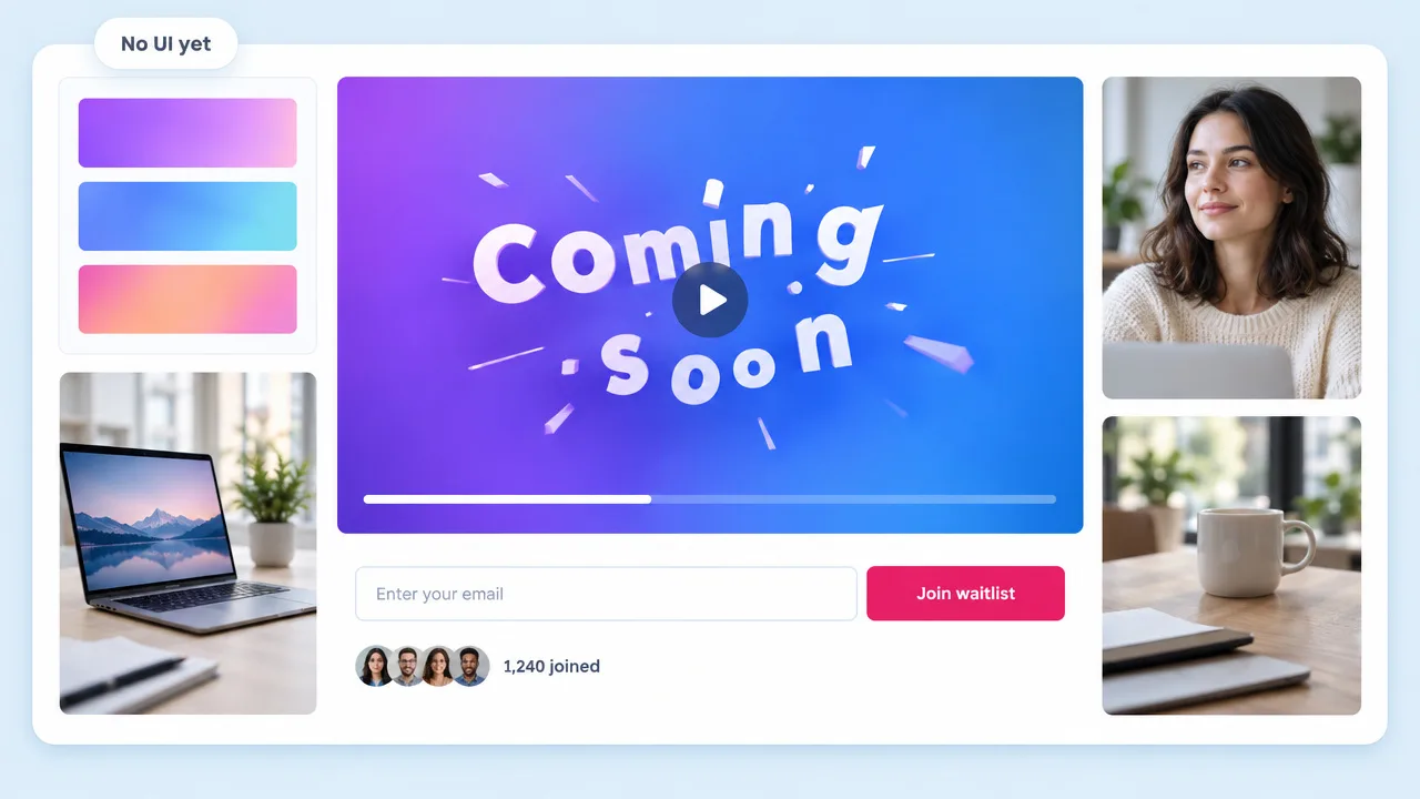 Waitlist page with a Coming soon kinetic type teaser video, an email field, a Join waitlist button and 1,240 people joined
