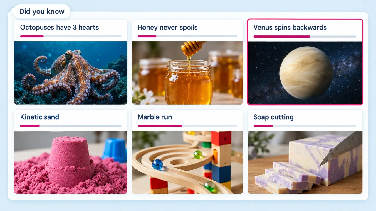 Six split-screen fact videos like Octopuses have 3 hearts and Honey never spoils, paired with kinetic sand, marble run and soap cutting