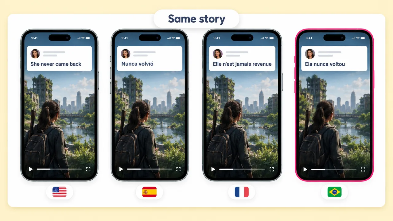 The same Reddit story video, She never came back, on four phones in English, Spanish, French and Portuguese over a ruined city scene