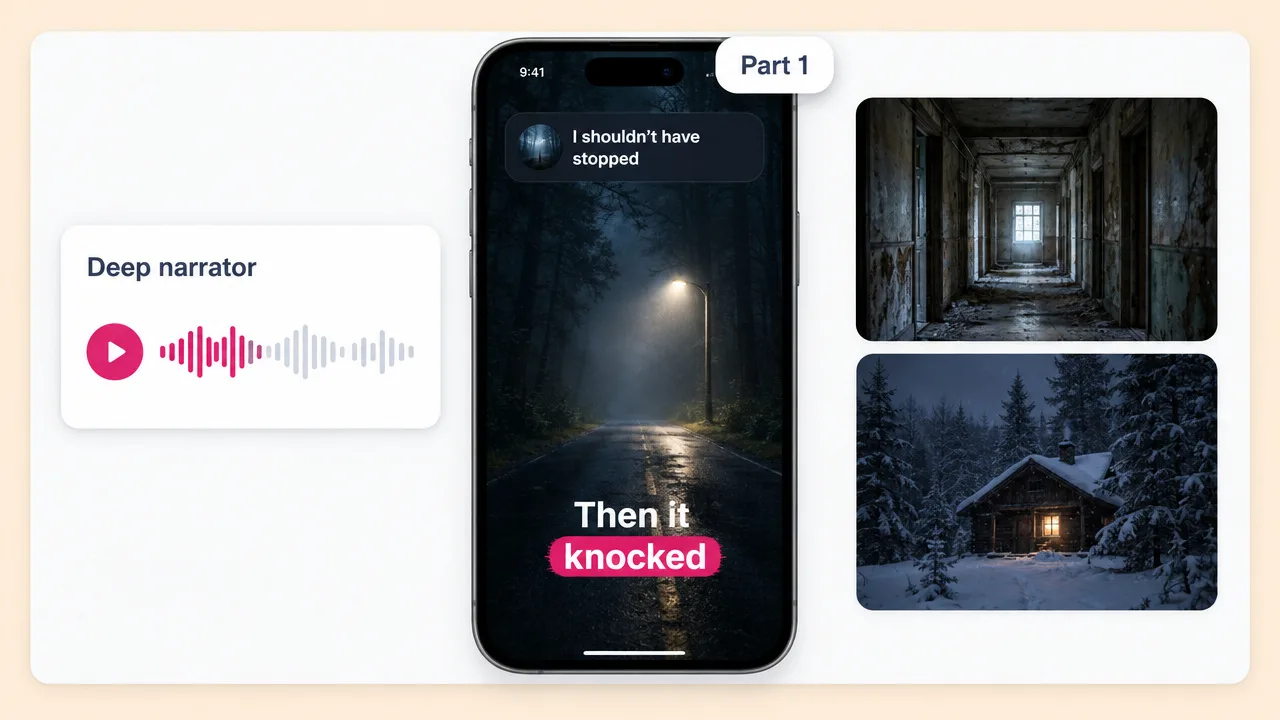 Horror story short on a phone with a foggy night road and the caption Then it knocked, beside a deep narrator voice and eerie scenes