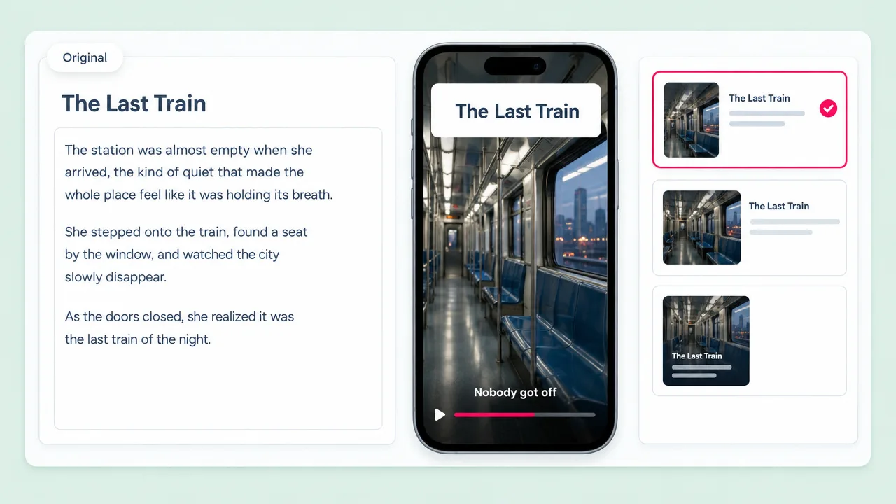 An original story, The Last Train, pasted in and turned into a vertical story video of an empty night train, captioned Nobody got off