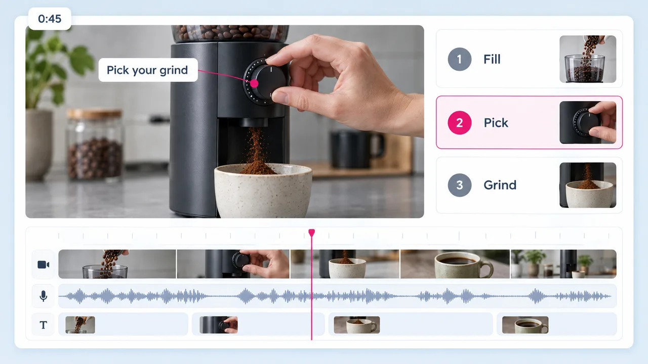 Editor timeline for a coffee grinder demo video with a Pick your grind callout and three steps: Fill, Pick and Grind