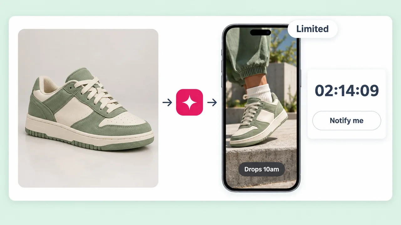 A sage green sneaker photo turned into a vertical Shopify product video on a phone reading Drops 10am, next to a launch countdown timer