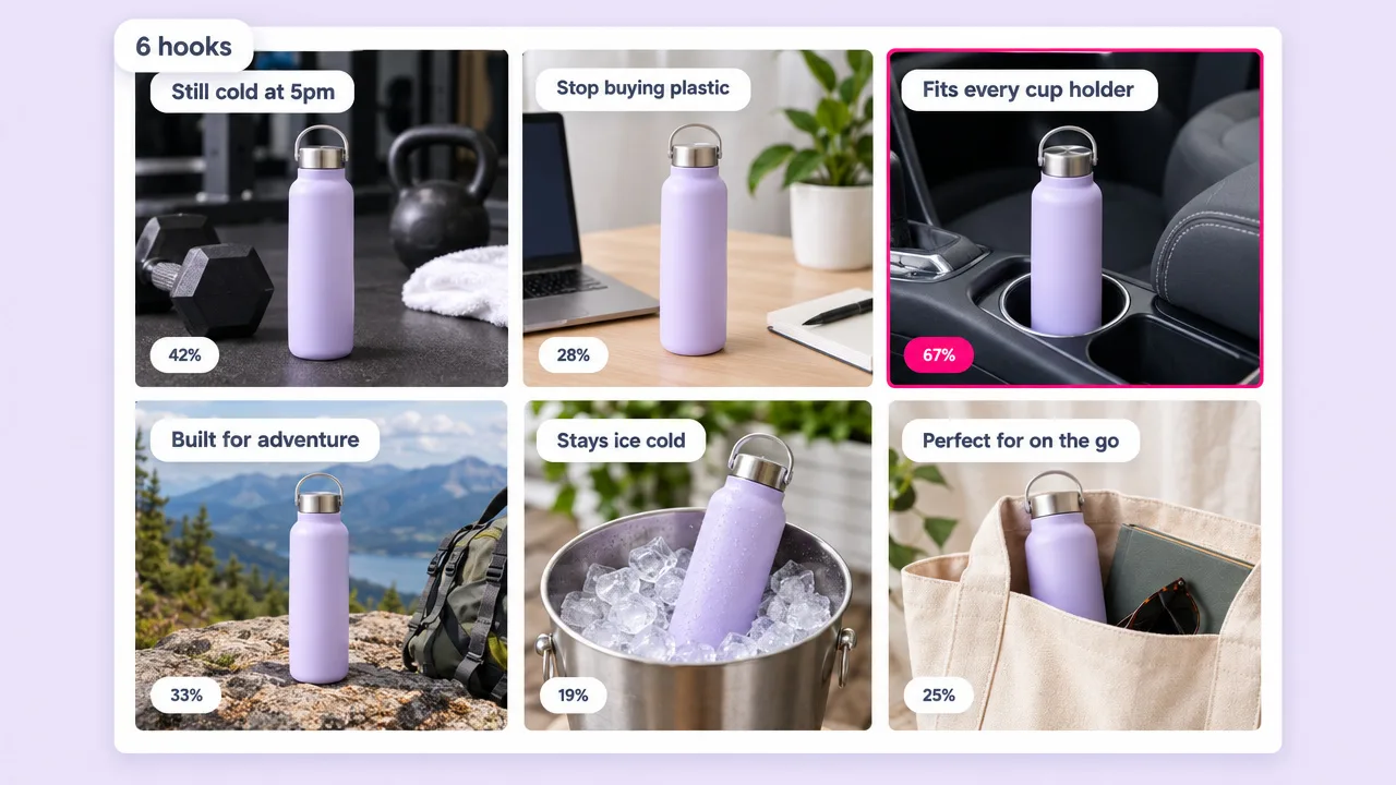 Six vertical ads for a lavender water bottle, each with a different hook like Still cold at 5pm and Fits every cup holder, plus test results