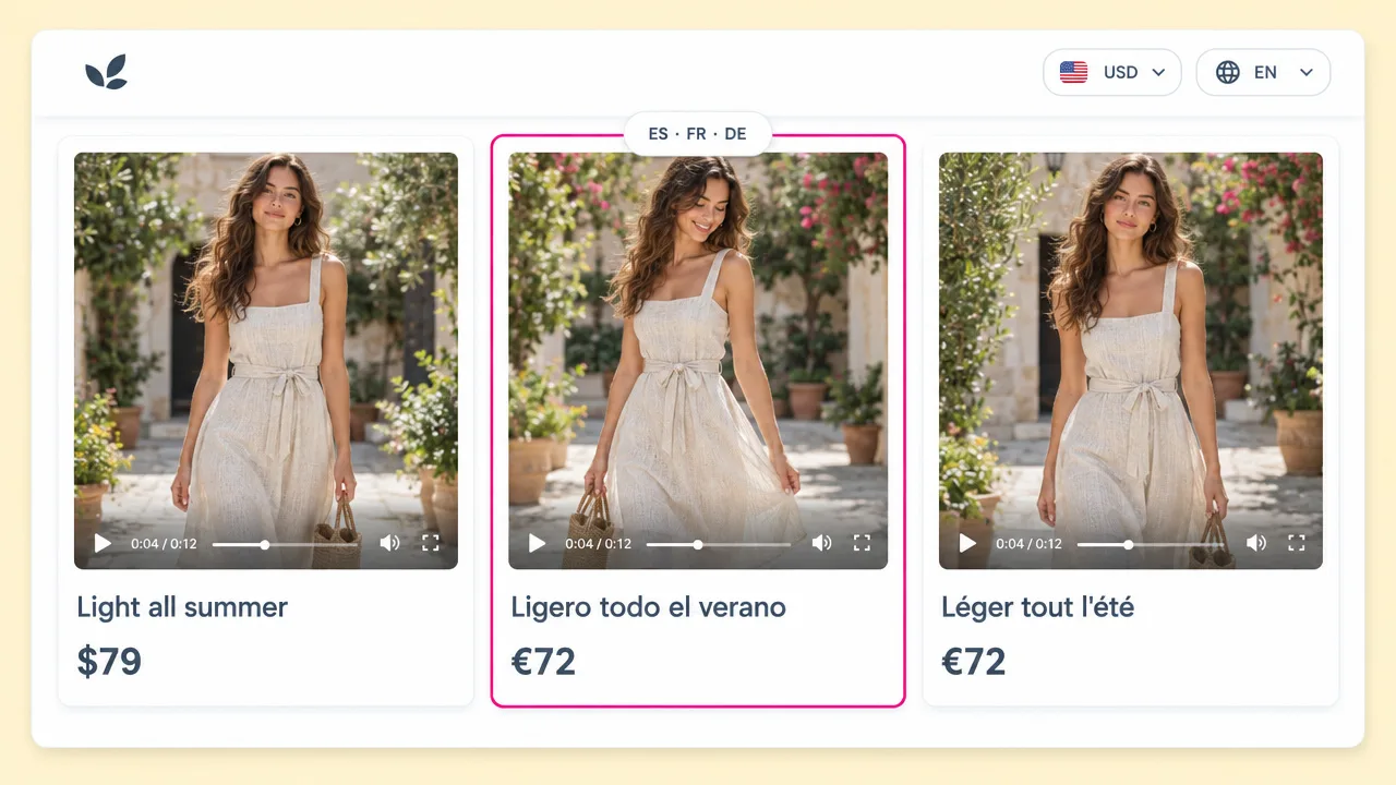One linen dress product video localized for a store in English, Spanish and French, with prices switched from dollars to euros