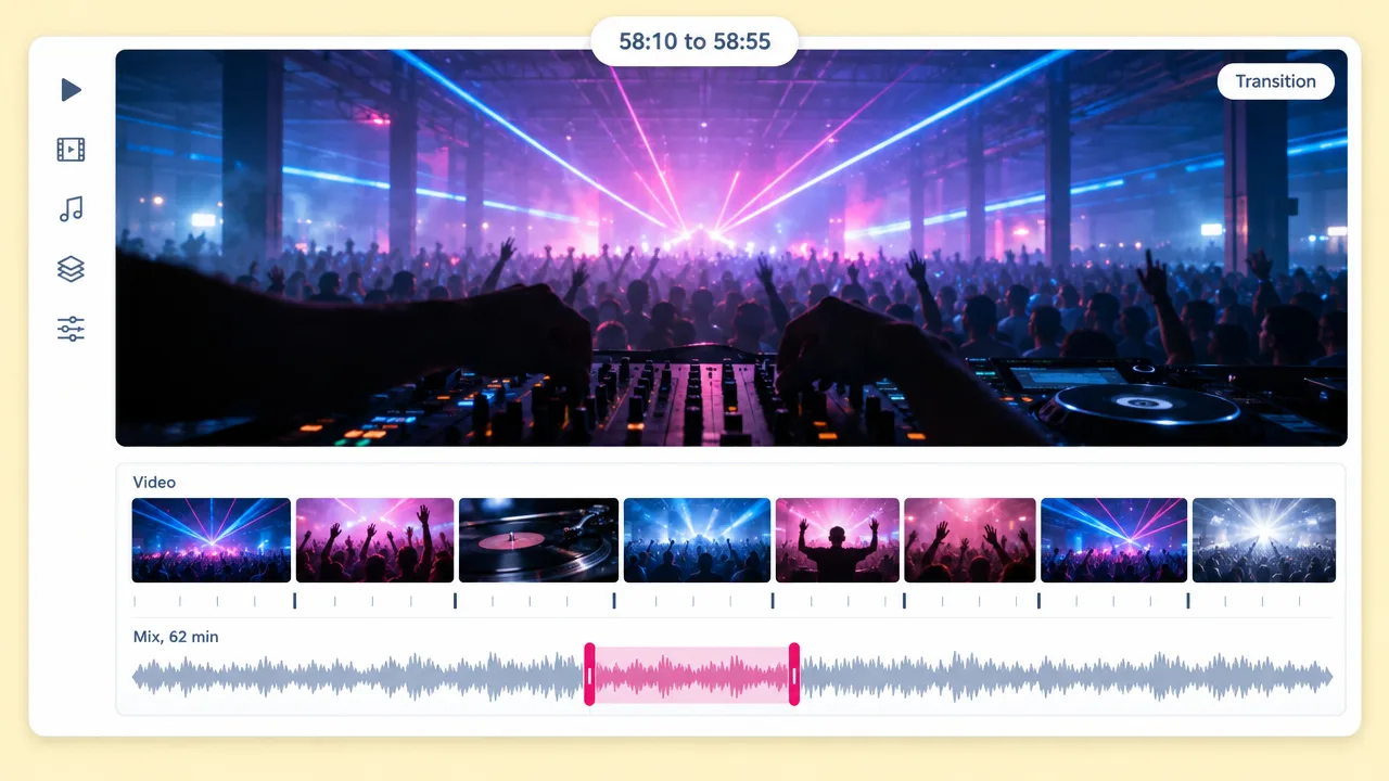 DJ mix editor with a laser-lit warehouse club preview and a highlighted excerpt from 58:10 to 58:55 on the 62 minute mix waveform