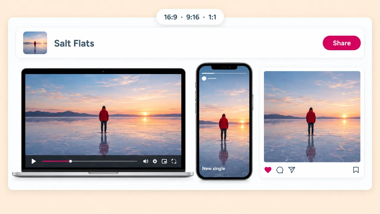 Salt Flats single converted from SoundCloud to video in 16:9, 9:16 and 1:1, shown on a laptop, a phone and a social post