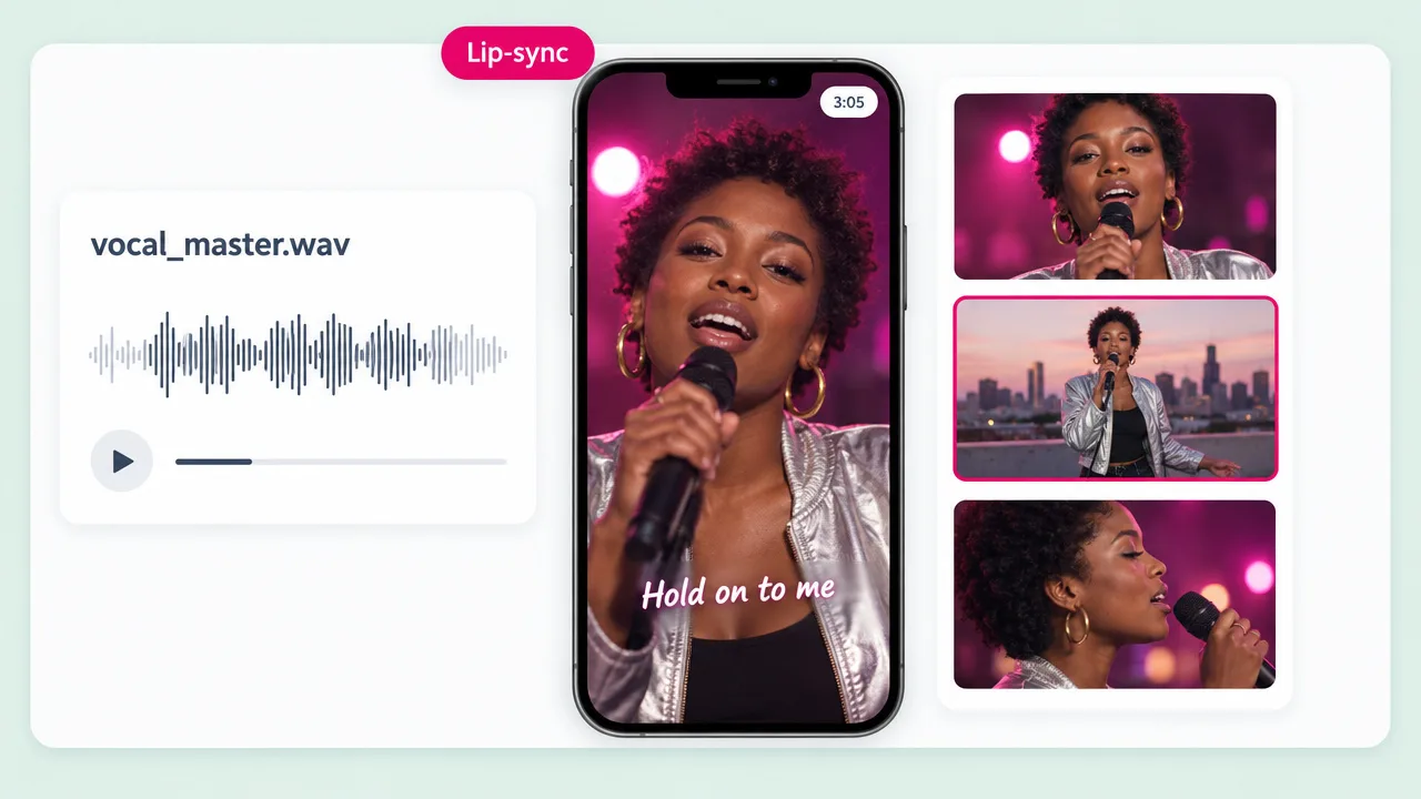 A vocal_master.wav file turned into a lip-sync music video on a phone, a singer holding a mic with the lyric Hold on to me