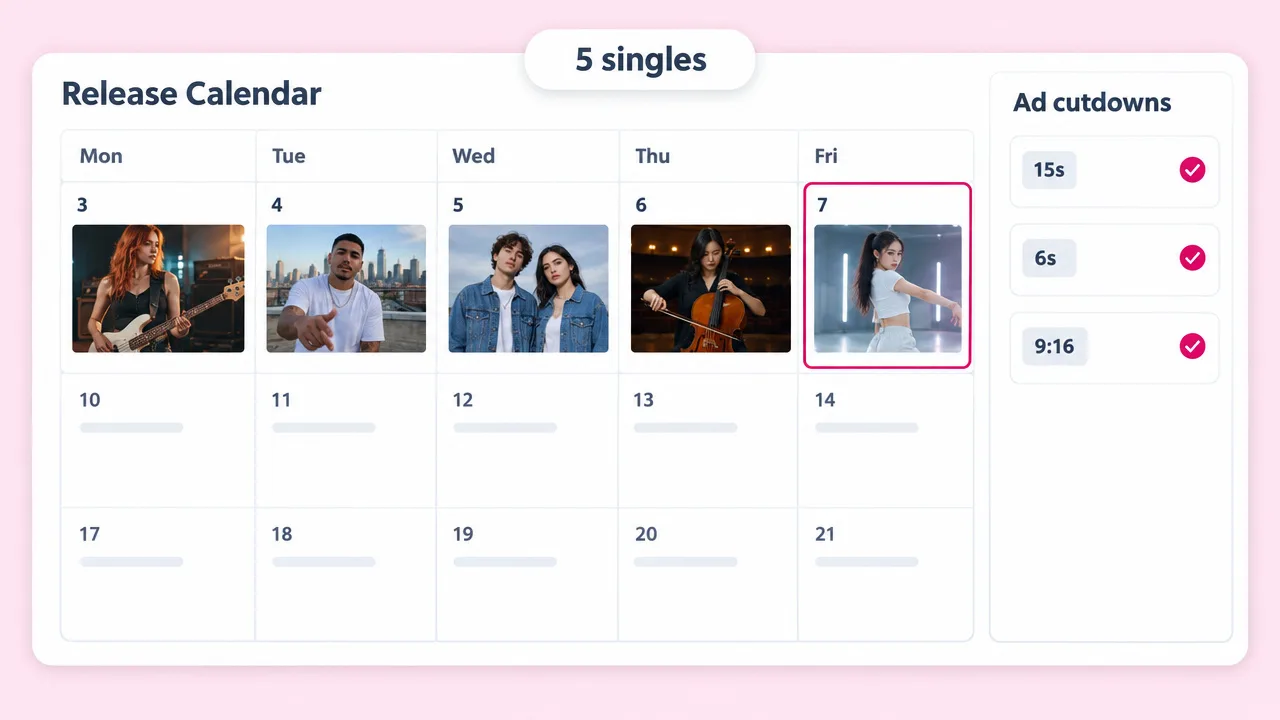 Release calendar with music video thumbnails for five singles across a week and a checklist of 15s, 6s and 9:16 ad cutdowns