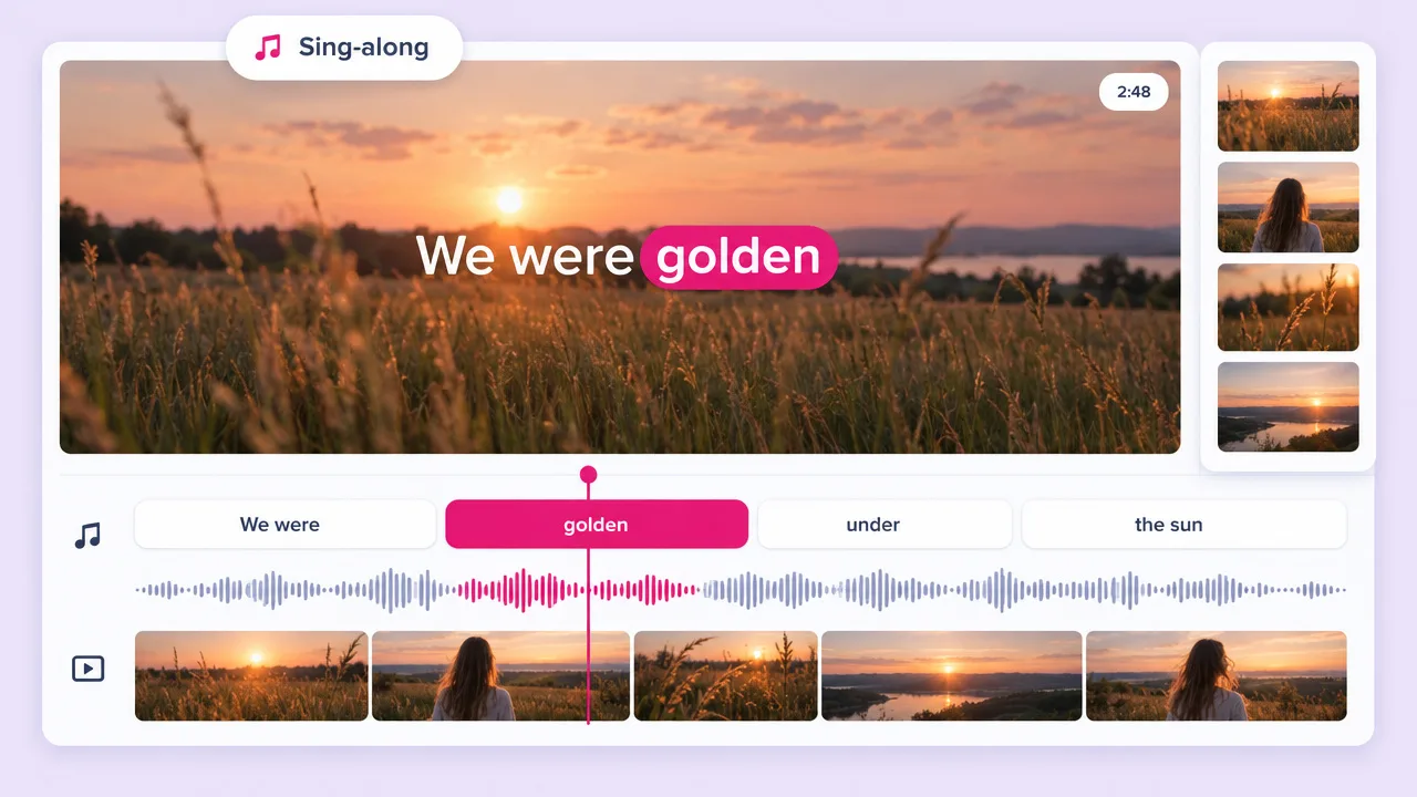 Lyric video editor showing the words We were golden over a sunset grass field, each lyric timed along the song waveform