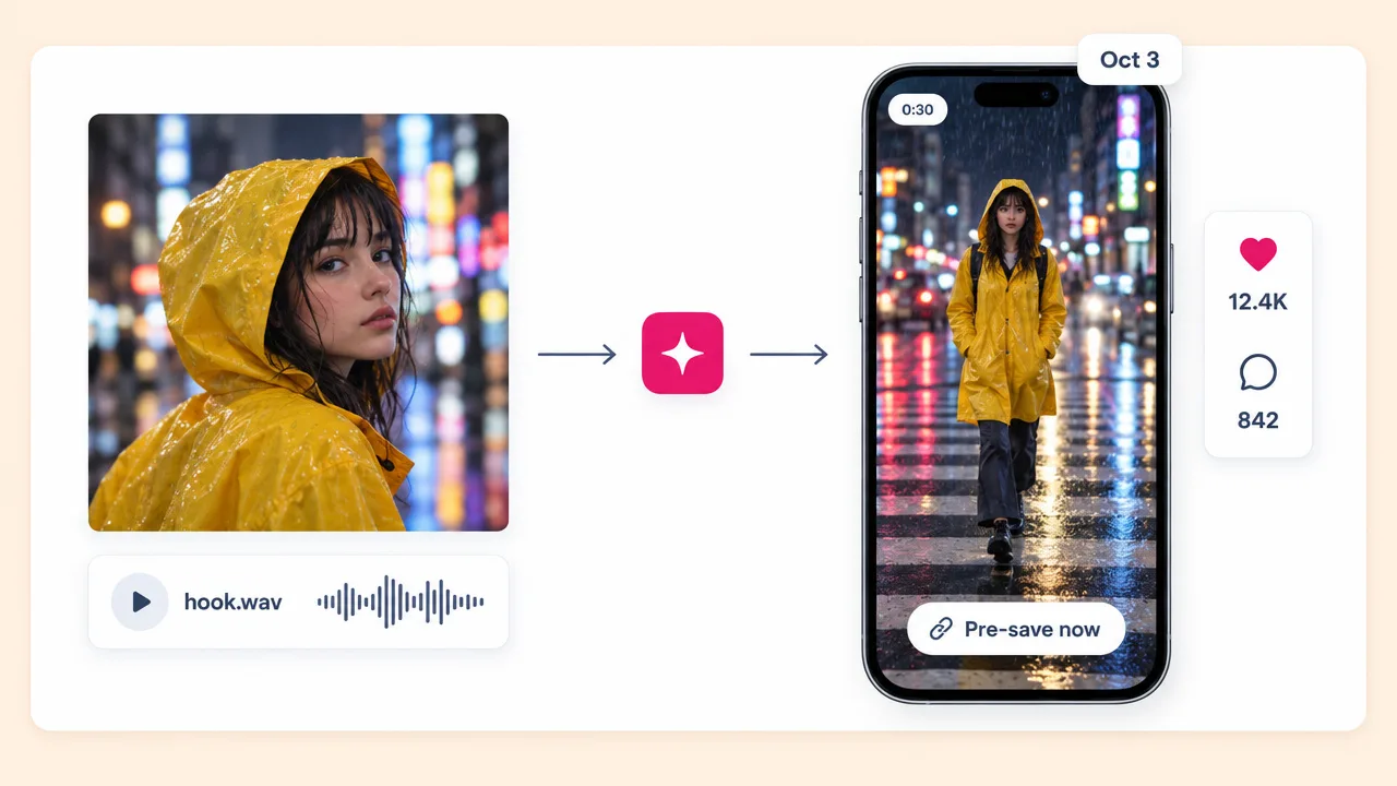 Cover art of a girl in a yellow raincoat and a hook.wav clip turned into a vertical Spotify pre-save teaser with a Pre-save now link