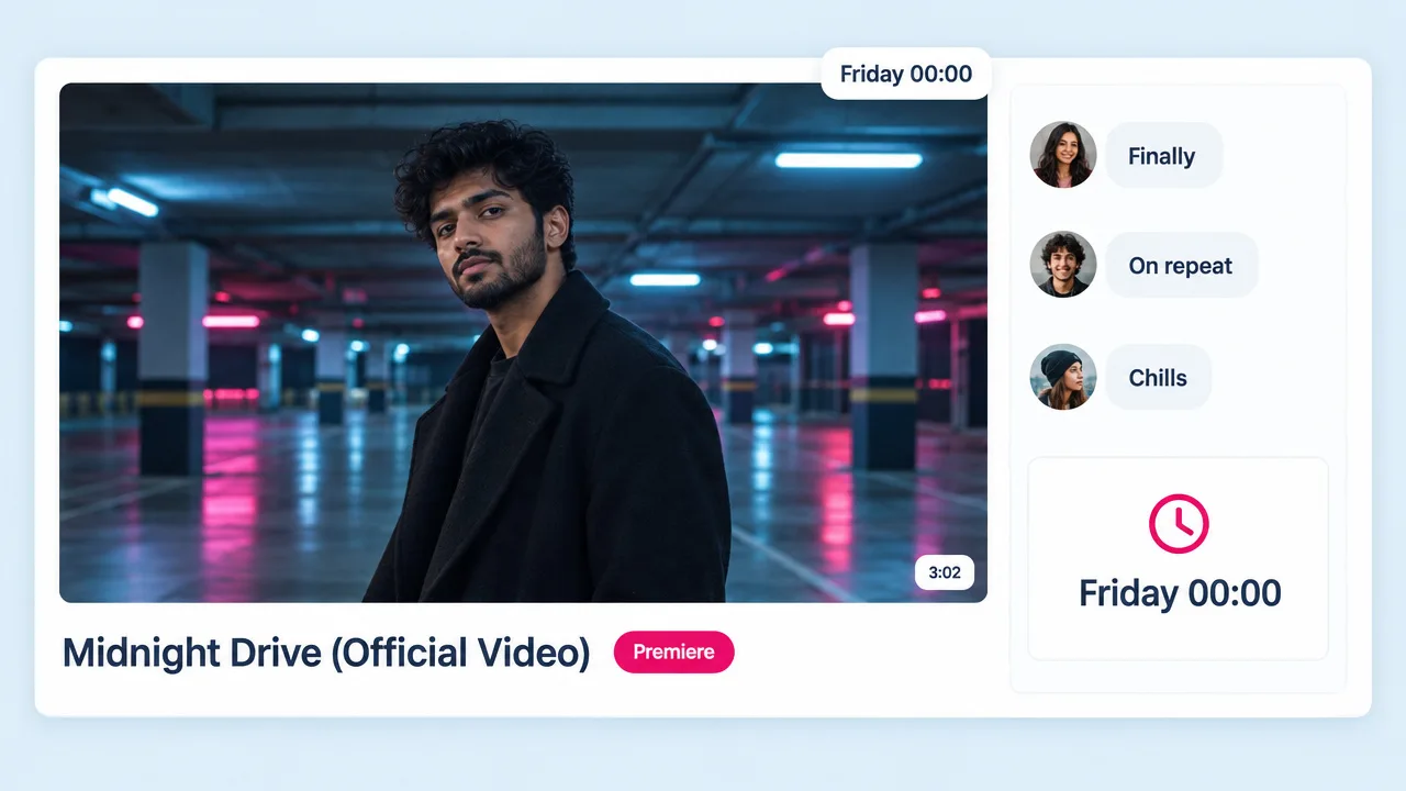 Midnight Drive official music video premiere page with an artist standing in a neon-lit parking garage and a Friday 00:00 countdown