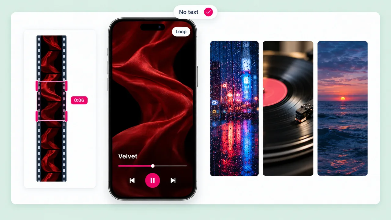 Looping Spotify Canvas on a phone showing flowing red silk for the track Velvet, next to alternate loops of rain, vinyl and a sunset sea