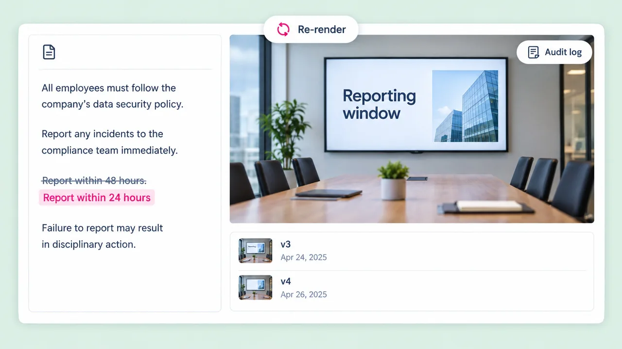 Compliance training video being updated: the policy script swaps 48 hours for Report within 24 hours and re-renders as version v4