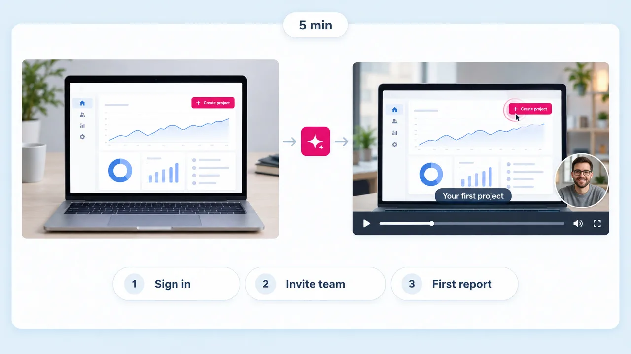 A SaaS dashboard screen turned into a customer onboarding walkthrough with a presenter and steps Sign in, Invite team and First report