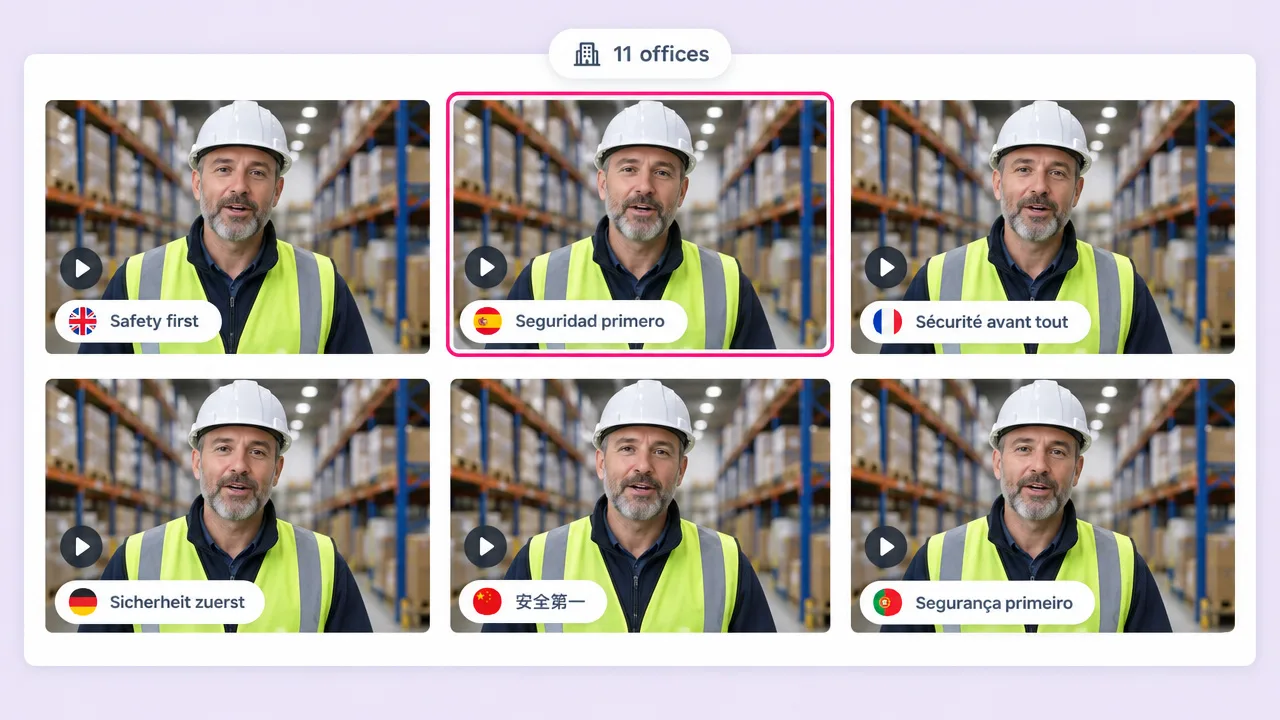 The same warehouse safety training video in six languages, including Safety first, Seguridad primero and Sicherheit zuerst, for 11 offices