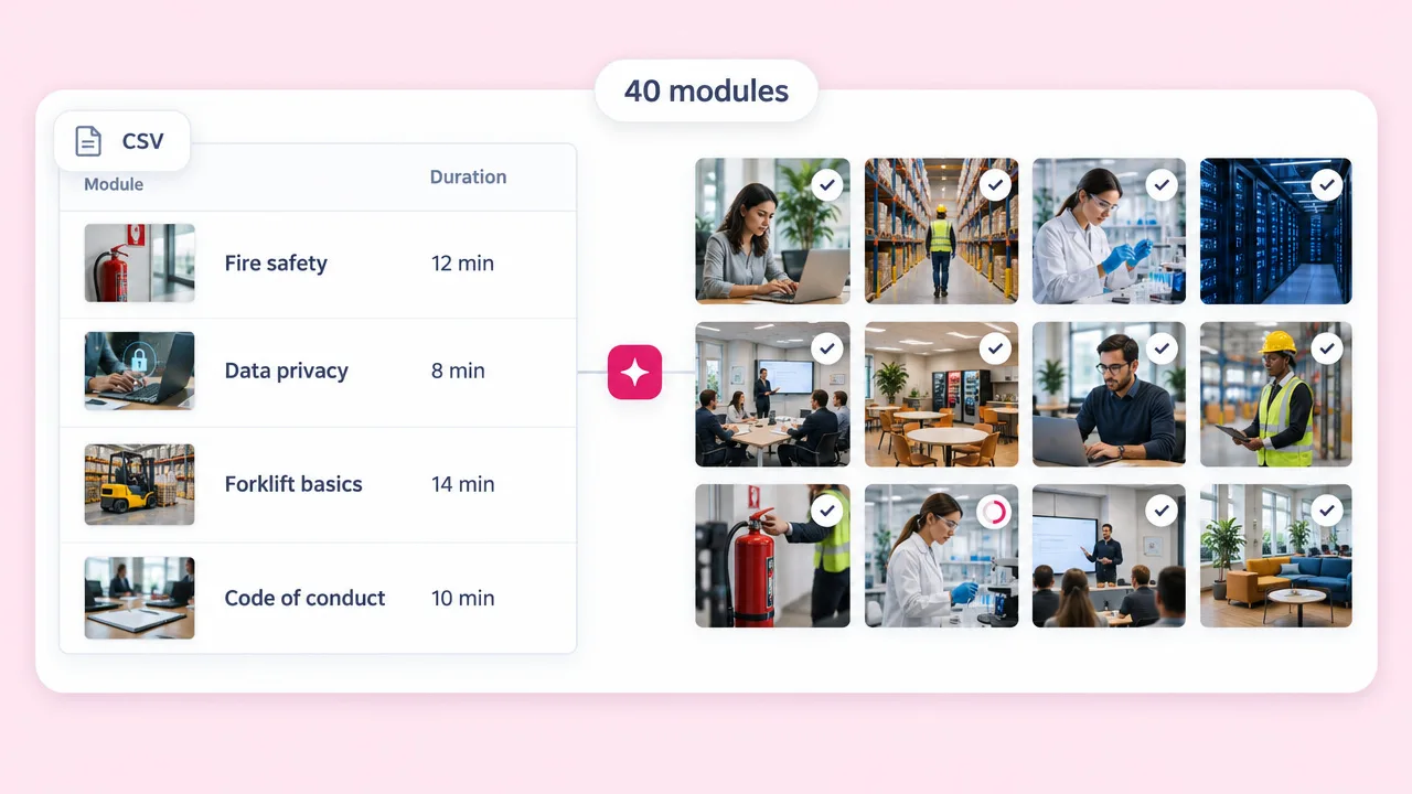 A CSV of course modules like Fire safety and Data privacy turned into a grid of 40 training video modules produced at once
