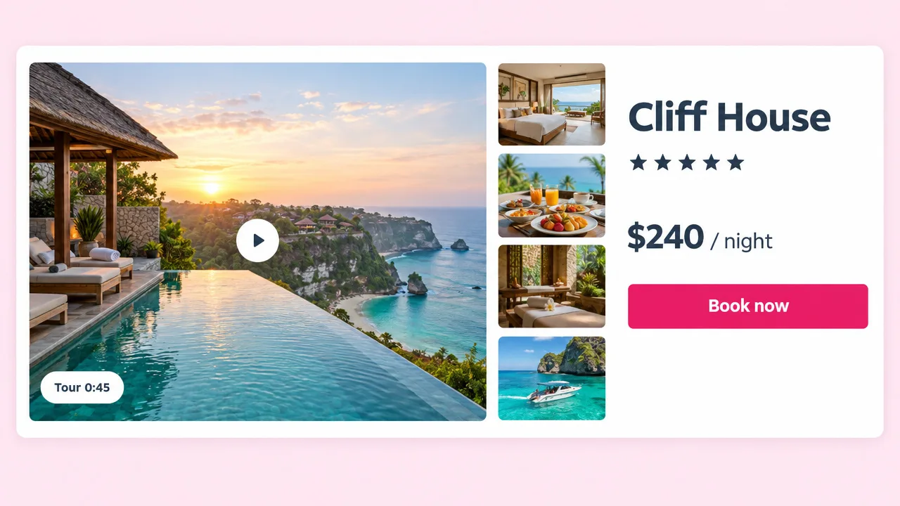 Hotel booking page for Cliff House with a video tour of an infinity pool above a turquoise bay, a gallery and a Book now button