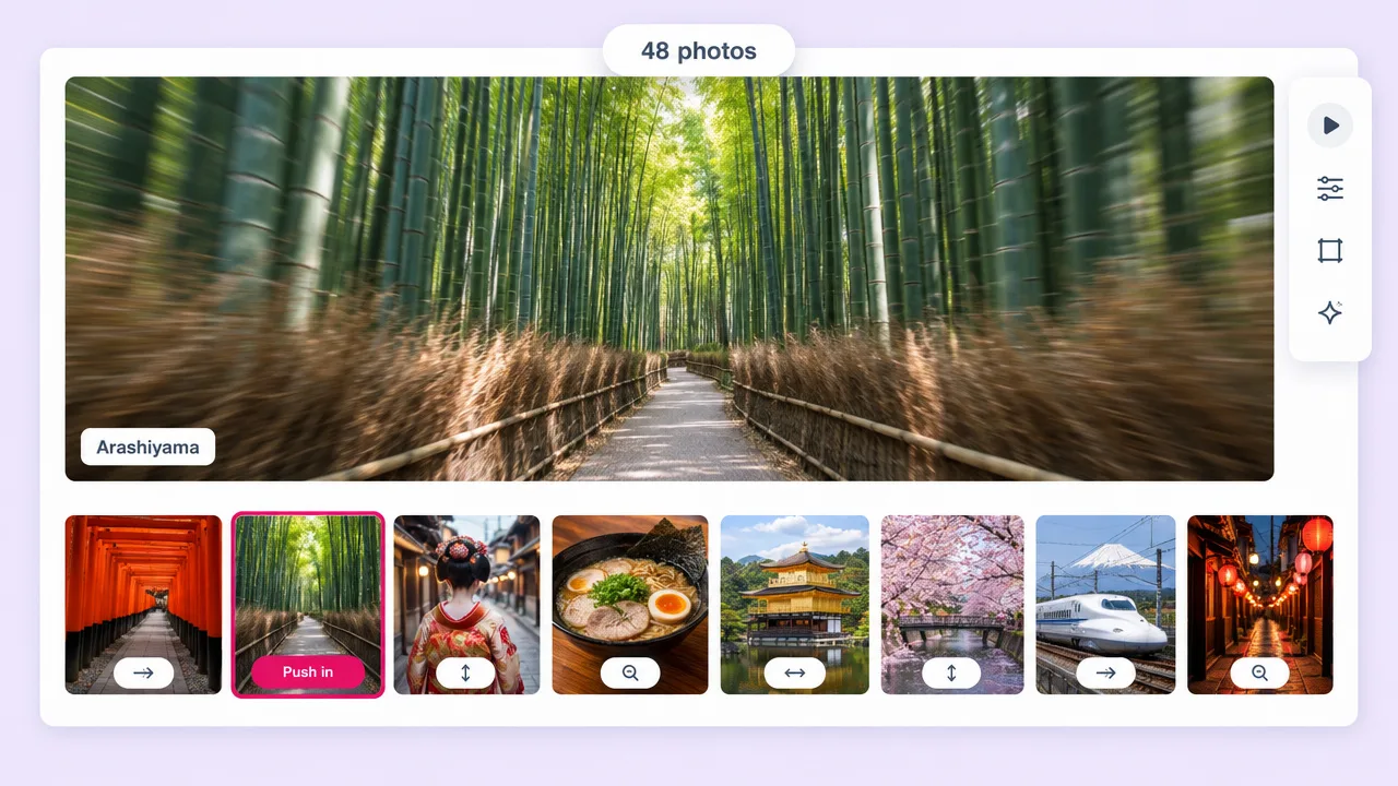 Travel video maker editor pushing into a still photo of the Arashiyama bamboo grove, with 48 Japan photos lined up on the timeline