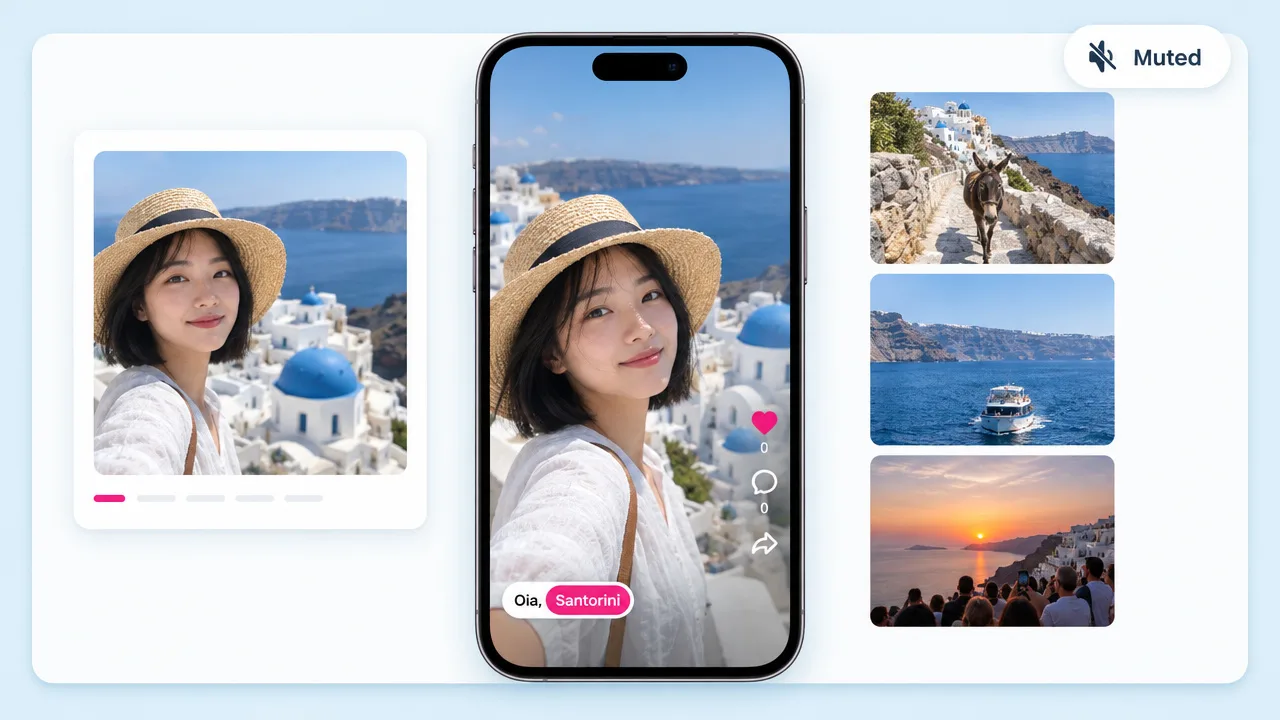 Vertical travel reel of a woman in a straw hat in Oia, Santorini, with whitewashed domes, a boat and a sunset crowd beside it