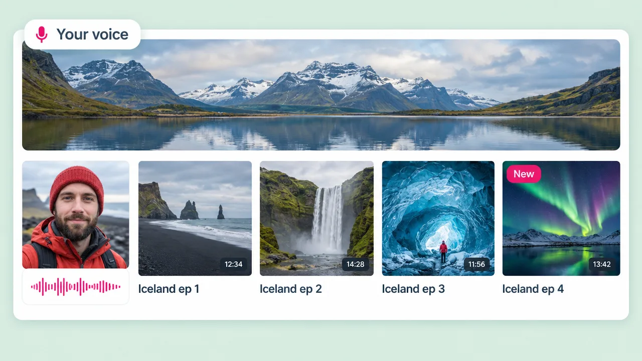 Iceland vlog series in your voice with four episode thumbnails of a black sand beach, a waterfall, an ice cave and the northern lights