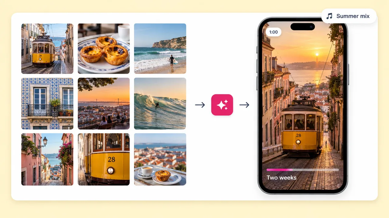 Nine Lisbon trip photos of trams, pastries, surf and tiled facades cut into a vertical travel video on a phone titled Two weeks