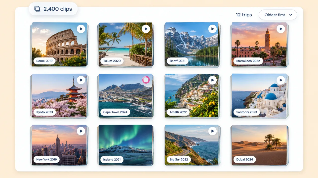 Archive of 12 trips and 2,400 clips from Rome 2019 to Dubai 2024, sorted oldest first and ready to become travel videos