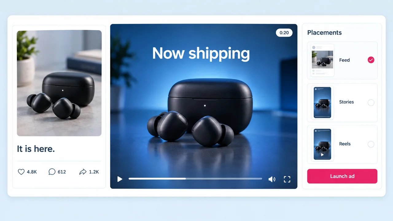 Product post reading It is here turned into a Now shipping video ad for black wireless earbuds with feed, stories and reels placements