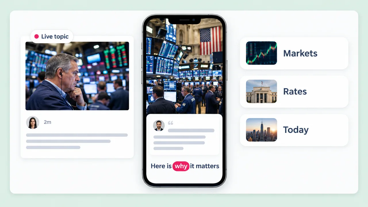 Live news topic turned from a tweet into a vertical explainer from a trading floor, captioned Here is why it matters, with market topics