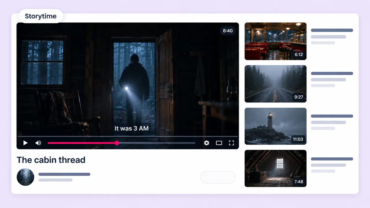 A story thread turned into a video called The cabin thread, showing a figure with a flashlight in a dark doorway captioned It was 3 AM