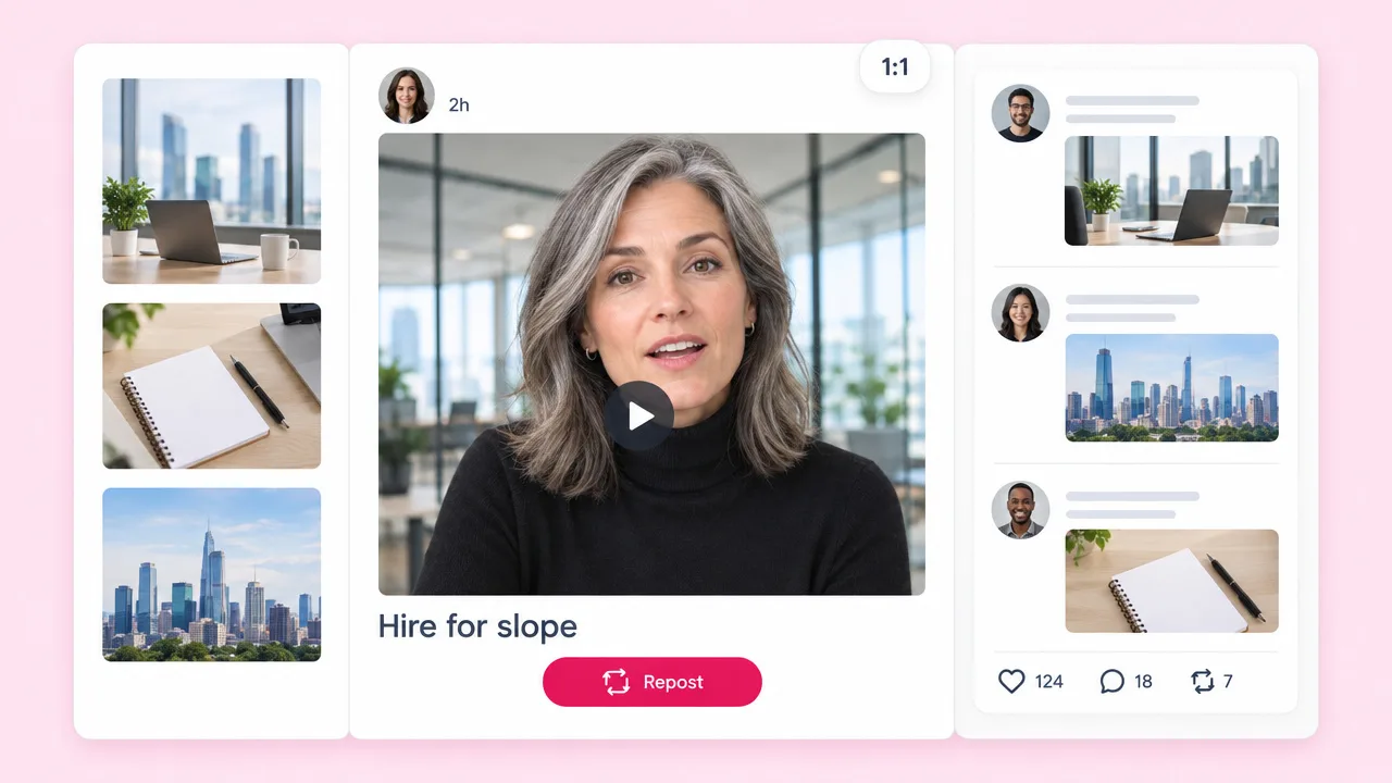 Square thought leadership video of a woman in a black turtleneck speaking to camera, captioned Hire for slope, in a professional feed